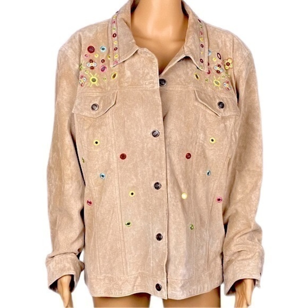 CHICO’s 100% Suede Leather jacket w/colorful embellishments. Size “3”=XL/16.VGUC